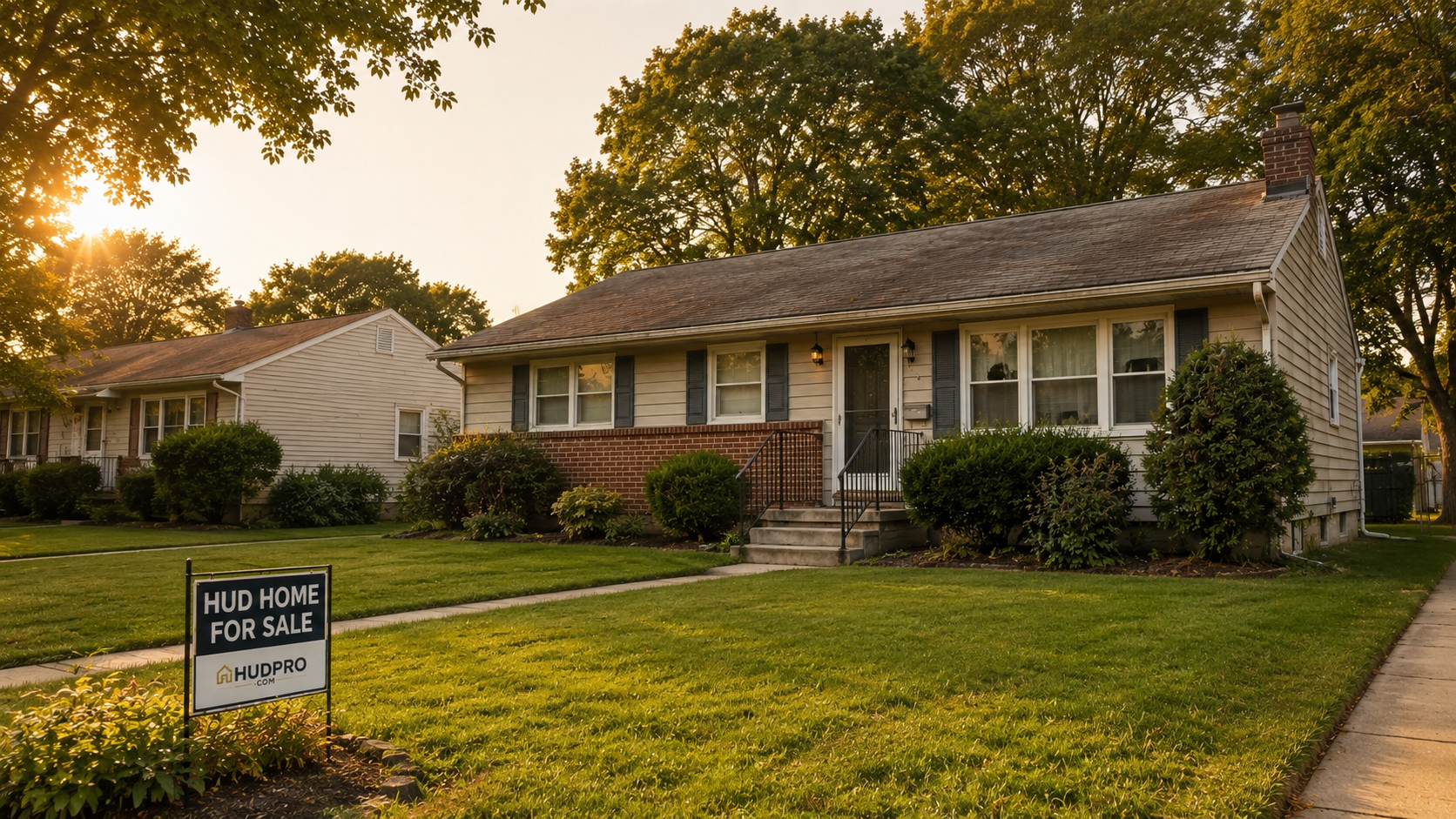 A single-story ranch home at sunset with a HUDPRO "HUD Home For Sale" sign in the front yard.